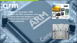 ❏ Founded in November 1990
❏ Designs the RISC processor cores
❏ Licenses Arm core designs to
partners who fabricate and se...