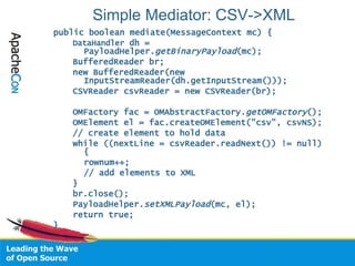 Simple Mediator: CSV->XML <ul><li>public boolean mediate(MessageContext mc) { </li></ul><ul><ul><li>DataHandler  dh = Payl...