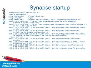 Synapse startup <ul><li>Using Bouncy castle JAR for Java 1.5 </li></ul><ul><li>Starting Synapse/Java ... </li></ul><ul><li...