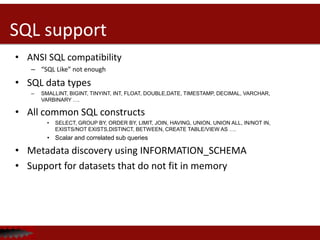 SQL support
• ANSI SQL compatibility
– “SQL Like” not enough
• SQL data types
– SMALLINT, BIGINT, TINYINT, INT, FLOAT, DOUBLE,DATE, TIMESTAMP, DECIMAL, VARCHAR,
VARBINARY ….
• All common SQL constructs
• SELECT, GROUP BY, ORDER BY, LIMIT, JOIN, HAVING, UNION, UNION ALL, IN/NOT IN,
EXISTS/NOT EXISTS,DISTINCT, BETWEEN, CREATE TABLE/VIEW AS ….
• Scalar and correlated sub queries
• Metadata discovery using INFORMATION_SCHEMA
• Support for datasets that do not fit in memory
 