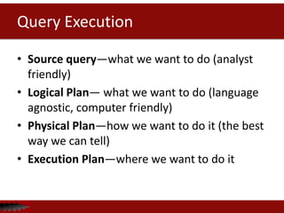 Query Execution
• Source query—what we want to do (analyst
friendly)
• Logical Plan— what we want to do (language
agnostic, computer friendly)
• Physical Plan—how we want to do it (the best
way we can tell)
• Execution Plan—where we want to do it
 
