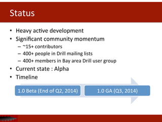 Status	
  
•  Heavy	
  acDve	
  development	
  
•  Signiﬁcant	
  community	
  momentum	
  	
  
–  ~15+	
  contributors	
  
–  400+	
  people	
  in	
  Drill	
  mailing	
  lists	
  
–  400+	
  members	
  in	
  Bay	
  area	
  Drill	
  user	
  group	
  
•  Current	
  state	
  :	
  Alpha	
  
•  Timeline	
  
1.0	
  Beta	
  (End	
  of	
  Q2,	
  2014)	
   1.0	
  GA	
  (Q3,	
  2014)	
  
 