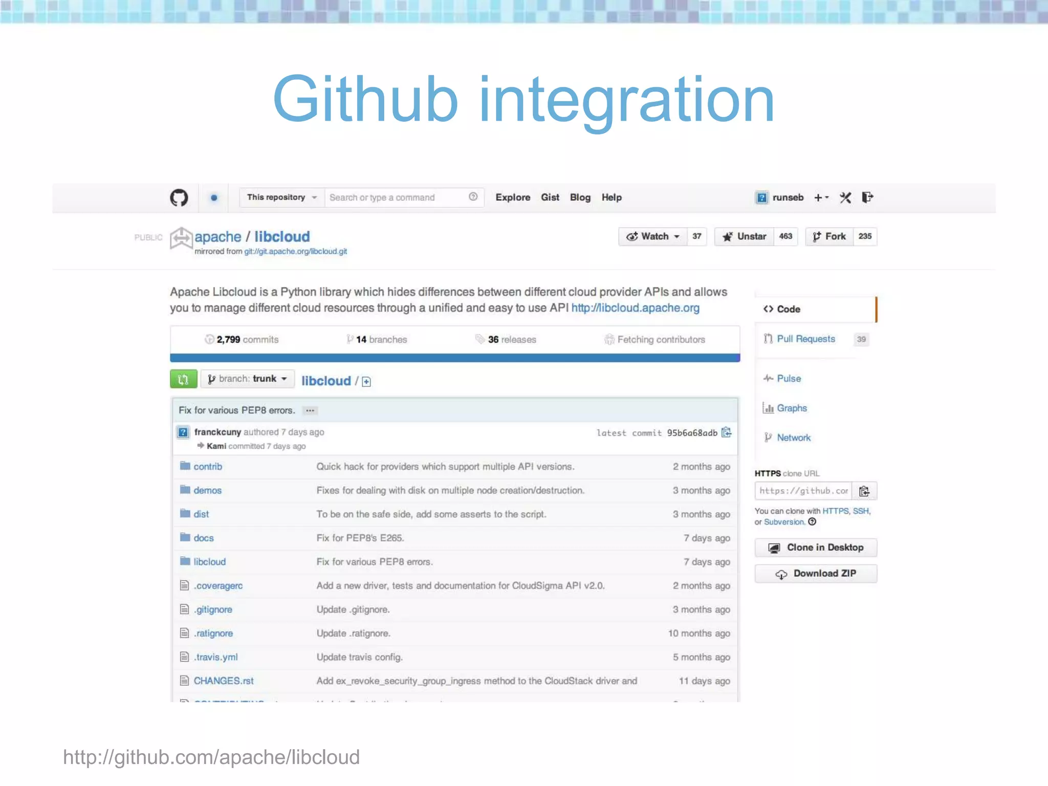 Github integration
http://github.com/apache/libcloud
 