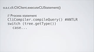 o.a.c.cli.CliClient.executeCLIStatement()

   // Process statement
   CliCompiler.compileQuery() #ANTLR
   switch (tree.getType())
       case...
 