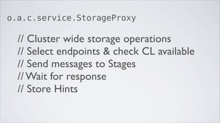 o.a.c.service.StorageProxy

  // Cluster wide storage operations
  // Select endpoints & check CL available
  // Send messages to Stages
  // Wait for response
  // Store Hints
 