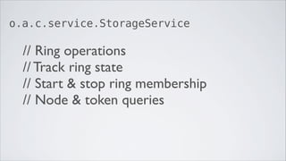 o.a.c.service.StorageService

  // Ring operations
  // Track ring state
  // Start & stop ring membership
  // Node & token queries
 