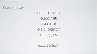 Dynamo Layer
               o.a.c.service
                 o.a.c.net
                 o.a.c.dht
               o.a.c.locator
                o.a.c.gms

               o.a.c.stream
 
