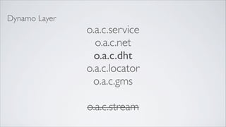 Dynamo Layer
               o.a.c.service
                 o.a.c.net
                 o.a.c.dht
               o.a.c.locator
                o.a.c.gms

               o.a.c.stream
 