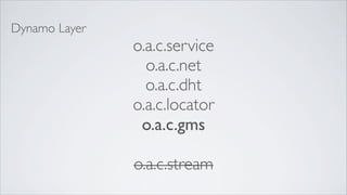 Dynamo Layer
               o.a.c.service
                 o.a.c.net
                 o.a.c.dht
               o.a.c.locator
                o.a.c.gms

               o.a.c.stream
 