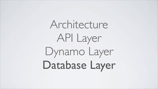 Architecture
  API Layer
Dynamo Layer
Database Layer
 