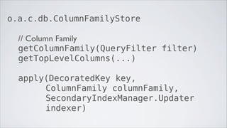 o.a.c.db.ColumnFamilyStore

  // Column Family
  getColumnFamily(QueryFilter filter)
  getTopLevelColumns(...)

  apply(DecoratedKey key,
       ColumnFamily columnFamily,
       SecondaryIndexManager.Updater
       indexer)
 