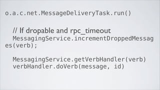 o.a.c.net.MessageDeliveryTask.run()

  // If dropable and rpc_timeout
  MessagingService.incrementDroppedMessag
es(verb);
...