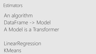 Estimators
An algorithm
DataFrame -> Model
A Model is a Transformer
LinearRegression
KMeans
 