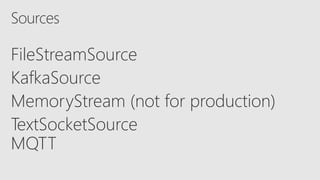 FileStreamSource
KafkaSource
MemoryStream (not for production)
TextSocketSource
MQTT
 