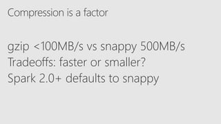 Compression is a factor
gzip <100MB/s vs snappy 500MB/s
Tradeoffs: faster or smaller?
Spark 2.0+ defaults to snappy
 