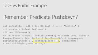UDF vs Builtin Example
Remember Predicate Pushdown?
val isSeattle = udf { (s: String) => s == "Seattle" }
cities.where(isSeattle('name))
*Filter UDF(name#2)
+- *FileScan parquet [id#128L,name#2] Batched: true, Format:
ParquetFormat, InputPaths: file:/Users/b/cities.parquet,
PartitionFilters: [], PushedFilters: [], ReadSchema:
struct<id:bigint,name:string>
 