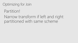 Optimizing for Join
Partition!
Narrow transform if left and right
partitioned with same scheme
 