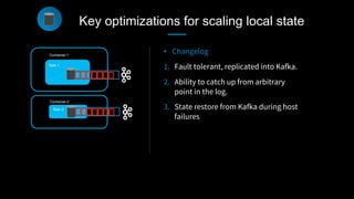 Task-1
Container-1
Container-2
Task-2
•  Changelog
1.  Fault tolerant, replicated into Kafka.
2.  Ability to catch up from arbitrary
point in the log. 
3.  State restore from Kafka during host
failures
Key optimizations for scaling local state
 
