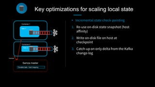 Task-1
Container-1
Container-2
Heartbeat
Samza master
Task-2
Durable task– host mapping
•  Incremental state check-pointing
1.  Re-use on-disk state snapshot (host
aﬀinity)
2.  Write on-disk file on host at
checkpoint
3.  Catch-up on only delta from the Kafka
change-log
Key optimizations for scaling local state
 