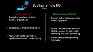 Scaling remote I/O
1.  Parallelism need not be tied to
number of partitions

2.  Complexity of programming model
3.  Application has to worry about
synchronization and check-pointing



1.  Support out-of-order processing
within a partition

2.  Simple callback-based async API.
Built-in support for both multi-
threading and async processing
3.  Samza handles checkpointing
internally
Hard problems

How we solved them?
Samza
 