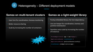 Heterogeneity – Different deployment models
•  Uses Yarn for coordination, liveness monitoring
•  Better resource sharing
•  Scale by increasing the number of containers
Samza on multi-tenant clusters Samza as a light-weight library
•  Purely embedded library: No Yarn dependency 
•  Use zoo-keeper for coordination, liveness and
partition distribution
•  Seamless auto-scale by increasing the number
of instances
EXACT SAME
CODE
StreamApplication app = new MyApp();
ApplicationRunner localRunner =
ApplicationRunner.getLocalRunner(config);
localRunner.runApplication(app);
 