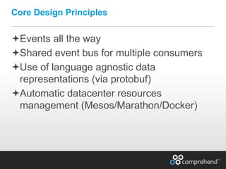 www.comprehend.com
Events all the way
Shared event bus for multiple consumers
Use of language agnostic data
representations (via protobuf)
Automatic datacenter resources
management (Mesos/Marathon/Docker)
Core Design Principles
 