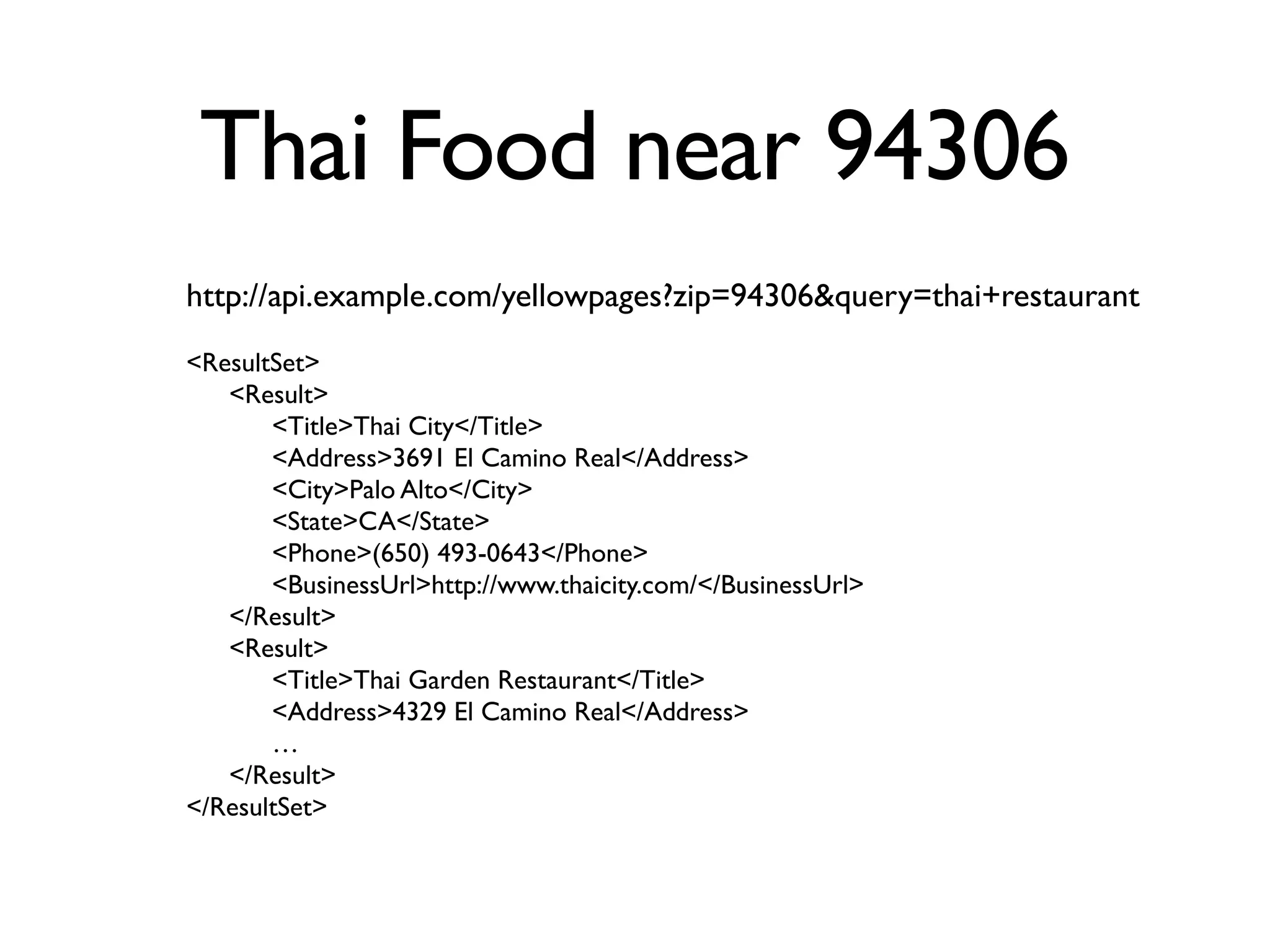 Thai Food near 94306
http://api.example.com/yellowpages?zip=94306&query=thai+restaurant
<ResultSet>
   <Result>
       <Title>Thai City</Title>
       <Address>3691 El Camino Real</Address>
       <City>Palo Alto</City>
       <State>CA</State>
       <Phone>(650) 493-0643</Phone>
       <BusinessUrl>http://www.thaicity.com/</BusinessUrl>
   </Result>
   <Result>
       <Title>Thai Garden Restaurant</Title>
       <Address>4329 El Camino Real</Address>
       …
   </Result>
</ResultSet>
 