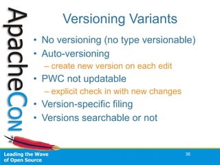 Versioning Variants
• No versioning (no type versionable)
• Auto-versioning
– create new version on each edit
• PWC not up...