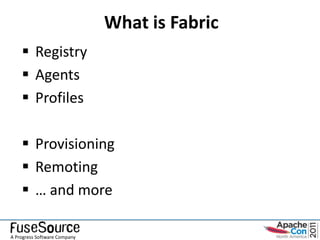 What is Fabric
     Registry
     Agents
     Profiles

     Provisioning
     Remoting
     … and more

A Progress Software Company
 