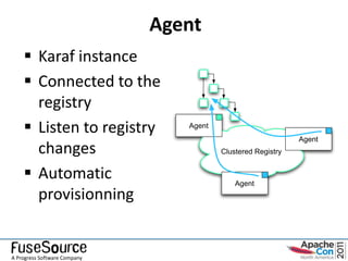 Agent
     Karaf instance
     Connected to the
      registry
     Listen to registry         Agent
                                                              Agent
      changes                            Clustered Registry


     Automatic                              Agent
      provisionning


A Progress Software Company
 