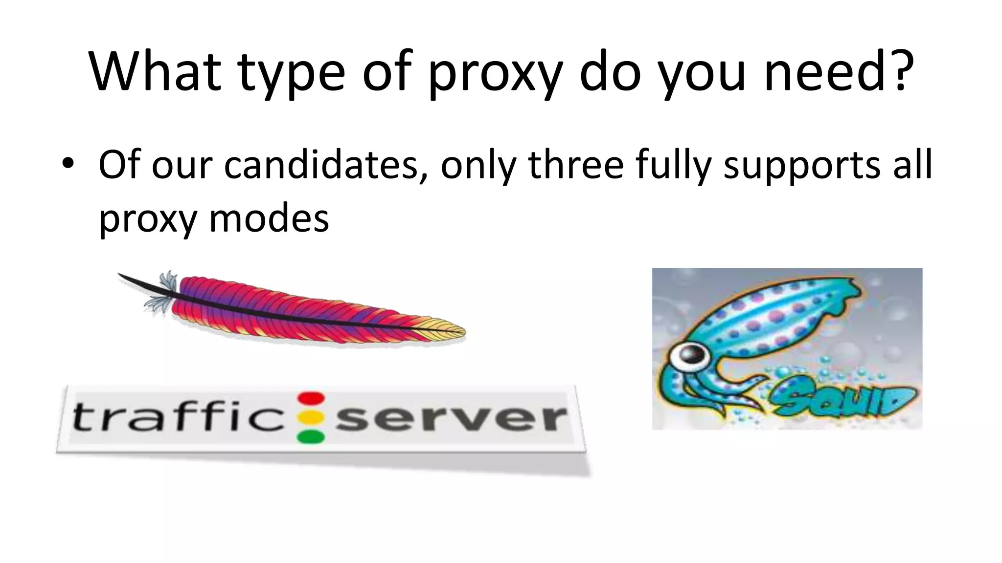 What type of proxy do you need?
• Of our candidates, only three fully supports all
proxy modes
 
