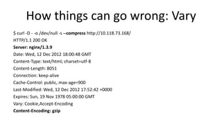 How things can go wrong: Vary
$ curl -D - -o /dev/null -s --compress http://10.118.73.168/
HTTP/1.1 200 OK
Server: nginx/1.3.9
Date: Wed, 12 Dec 2012 18:00:48 GMT
Content-Type: text/html; charset=utf-8
Content-Length: 8051
Connection: keep-alive
Cache-Control: public, max-age=900
Last-Modified: Wed, 12 Dec 2012 17:52:42 +0000
Expires: Sun, 19 Nov 1978 05:00:00 GMT
Vary: Cookie,Accept-Encoding
Content-Encoding: gzip
 