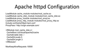 Apache httpd Configuration
LoadModule cache_module modules/mod_cache.so
LoadModule cache_disk_module modules/mod_cache_disk.so
LoadModule proxy_module modules/mod_proxy.so
LoadModule proxy_http_module modules/mod_proxy_http.so
Include conf/extra/httpd-mpm.conf
ProxyPass / http://origin.example.com/
<IfModule mod_cache_disk.c>
CacheRoot /usr/local/apache2/cache
CacheEnable disk /
CacheDirLevels 5
CacheDirLength 3
</IfModule>
MaxKeepAliveRequests 10000
 