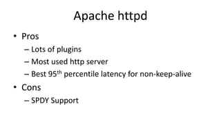 Apache httpd
• Pros
– Lots of plugins
– Most used http server
– Best 95th percentile latency for non-keep-alive
• Cons
– S...