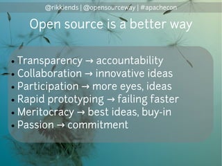 @rikkiends | @opensourceway | #apachecon
Open source is a better way
● Transparency accountability→
● Collaboration innova...