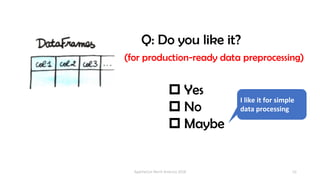 10
Q: Do you like it?
(for production-ready data preprocessing)
p Yes
p No
p Maybe
ApacheCon North America 2018
I like it for simple
data processing
 