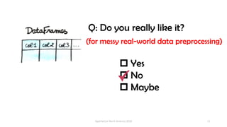 11
Q: Do you really like it?
(for messy real-world data preprocessing)
p Yes
p No
p Maybe
ApacheCon North America 2018
 