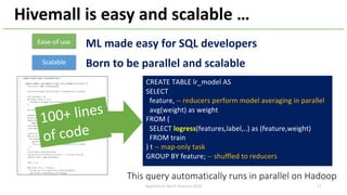 Hivemall is easy and scalable …
ML made easy for SQL developers
Born to be parallel and scalable
Ease-of-use
Scalable
100+ lines
of code
CREATE TABLE lr_model AS
SELECT
feature, -- reducers perform model averaging in parallel
avg(weight) as weight
FROM (
SELECT logress(features,label,..) as (feature,weight)
FROM train
) t -- map-only task
GROUP BY feature; -- shuffled to reducers
This query automatically runs in parallel on Hadoop
ApacheCon North America 2018 21
 