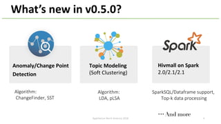 What’s new in v0.5.0?
Anomaly/Change Point
Detection
Topic Modeling
(Soft Clustering)
Algorithm:
LDA, pLSA
Algorithm:
ChangeFinder, SST
Hivmall on Spark
2.0/2.1/2.1
SparkSQL/Dataframe support,
Top-k data processing
ApacheCon North America 2018 4
 