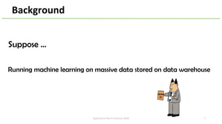 5
Running machine learning on massive data stored on data warehouse
Make
It!
ApacheCon North America 2018
Suppose …
Background
 