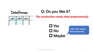 10
Q: Do you like it?
(for production-ready data preprocessing)
p Yes
p No
p Maybe
ApacheCon North America 2018
I like it ...