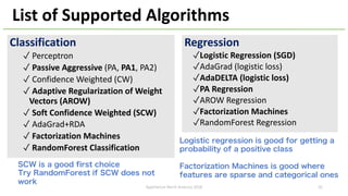 List of Supported Algorithms
Classification
✓ Perceptron
✓ Passive Aggressive (PA, PA1, PA2)
✓ Confidence Weighted (CW)
✓ Adaptive Regularization of Weight
Vectors (AROW)
✓ Soft Confidence Weighted (SCW)
✓ AdaGrad+RDA
✓ Factorization Machines
✓ RandomForest Classification
Regression
✓Logistic Regression (SGD)
✓AdaGrad (logistic loss)
✓AdaDELTA (logistic loss)
✓PA Regression
✓AROW Regression
✓Factorization Machines
✓RandomForest Regression
SCW is a good first choice
Try RandomForest if SCW does not
work
Logistic regression is good for getting a
probability of a positive class
Factorization Machines is good where
features are sparse and categorical ones
ApacheCon North America 2018 20
 