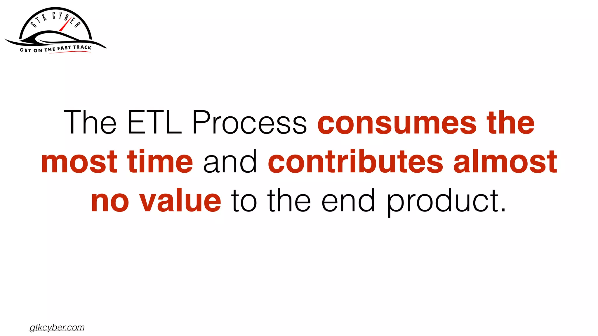 gtkcyber.com
The ETL Process consumes the
most time and contributes almost
no value to the end product.
 