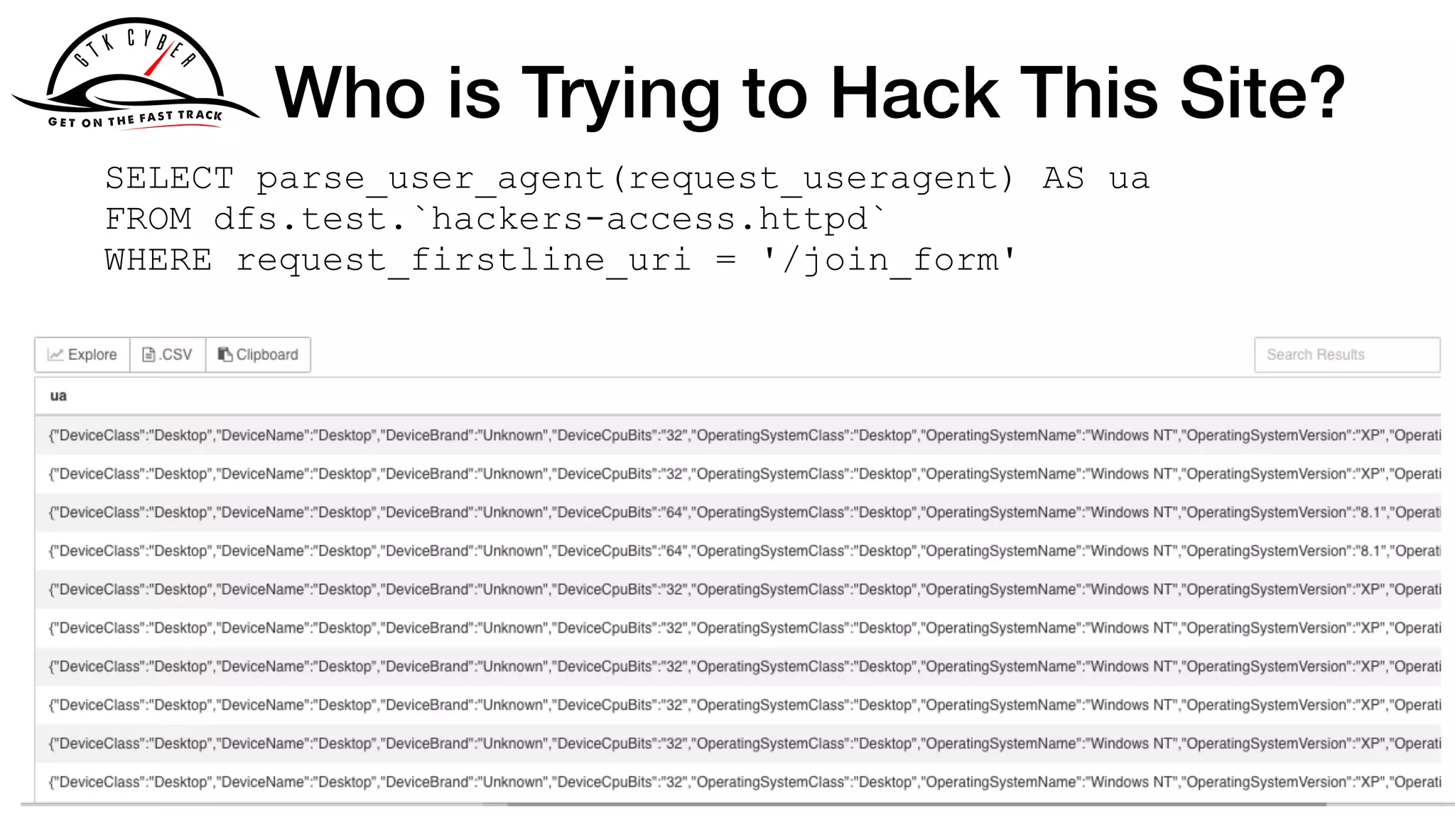 Who is Trying to Hack This Site?
SELECT parse_user_agent(request_useragent) AS ua
FROM dfs.test.`hackers-access.httpd`
WHERE request_firstline_uri = '/join_form'
 