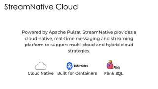 Powered by Apache Pulsar, StreamNative provides a
cloud-native, real-time messaging and streaming
platform to support multi-cloud and hybrid cloud
strategies.
Built for Containers
Cloud Native
StreamNative Cloud
Flink SQL
 