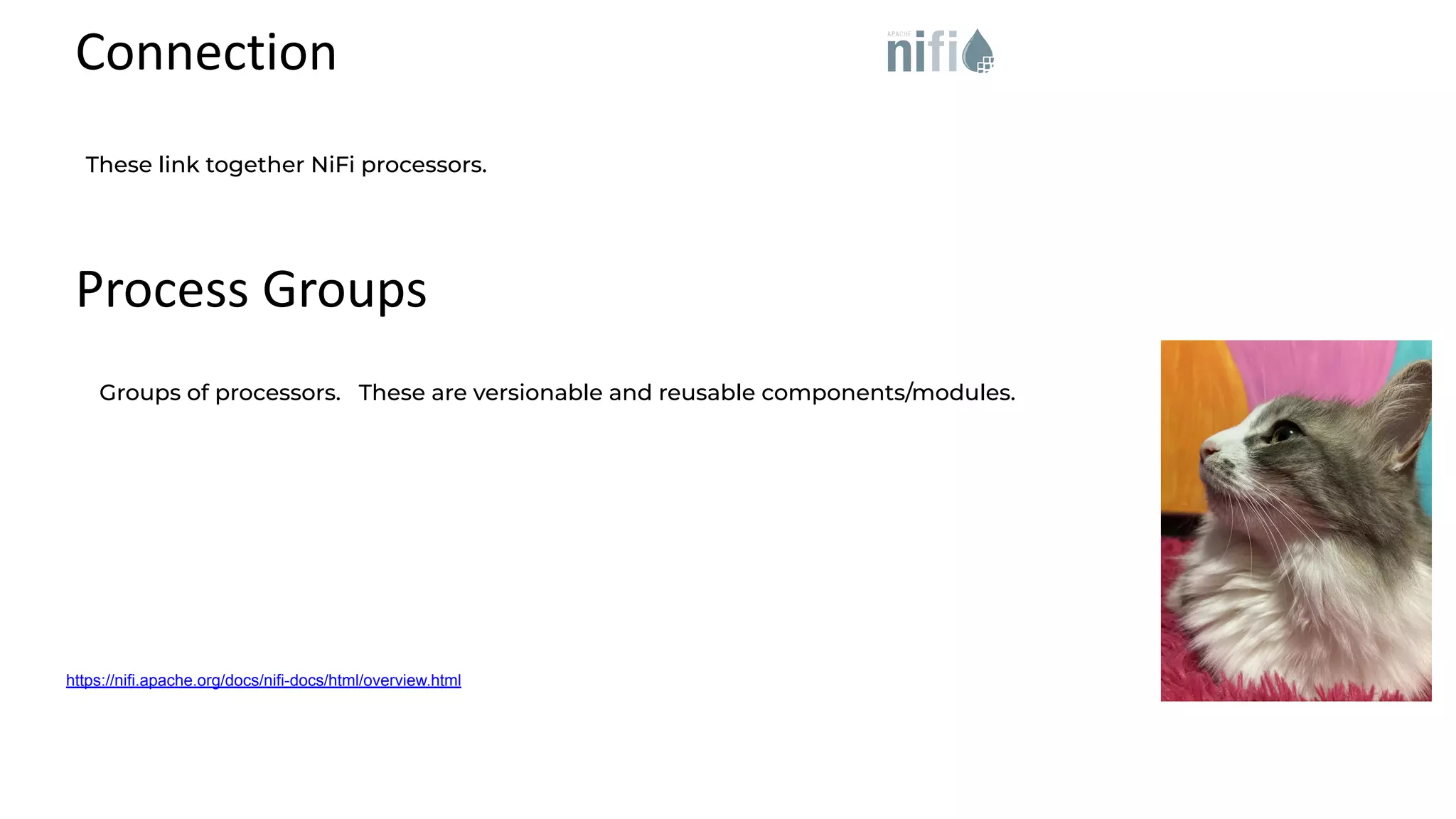 Connection https://nifi.apache.org/docs/nifi-docs/html/overview.html These link together NiFi processors. Process Groups Groups of processors. These are versionable and reusable components/modules. 