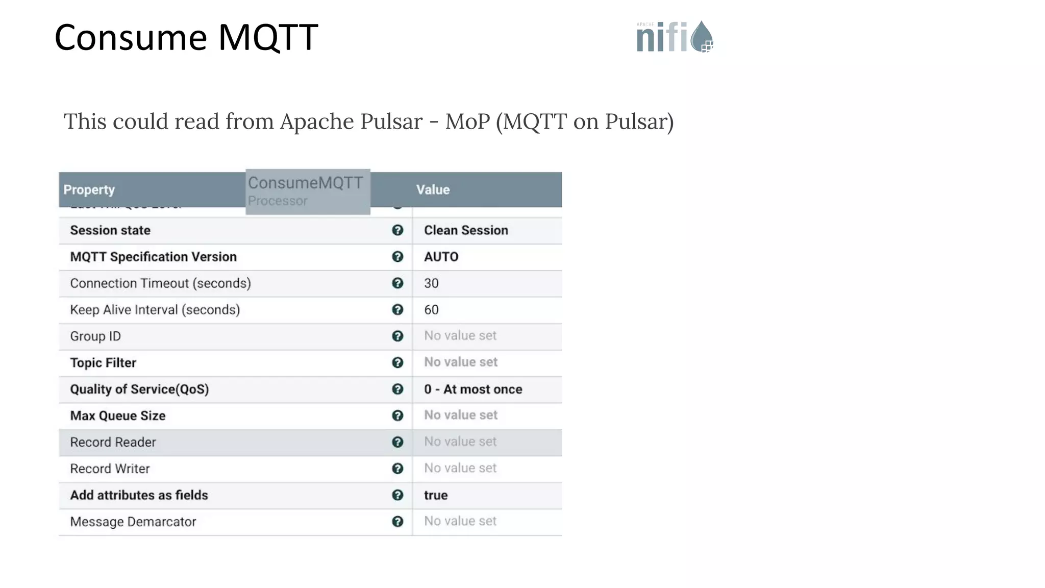 Consume MQTT This could read from Apache Pulsar - MoP (MQTT on Pulsar) 