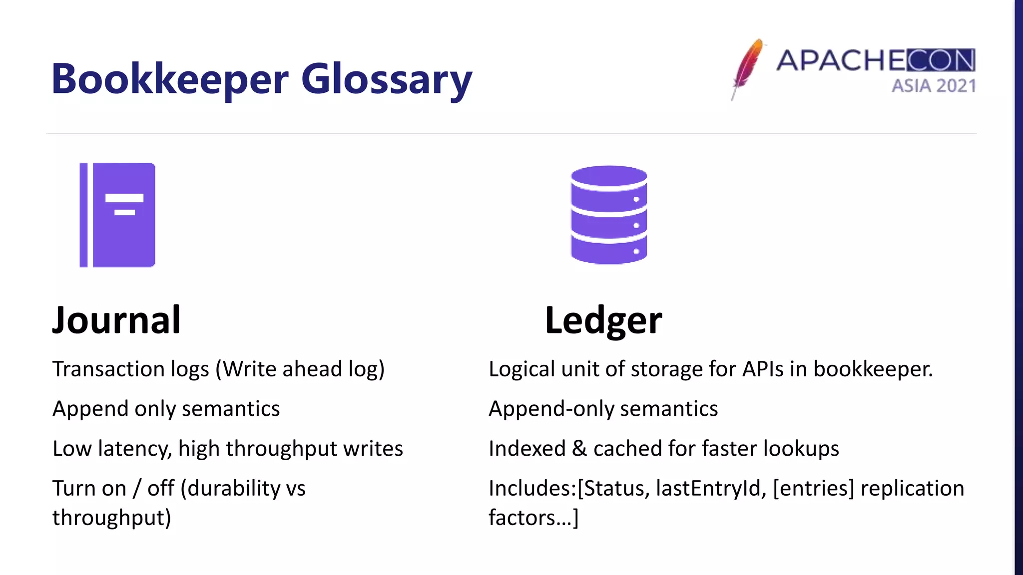 Bookkeeper Glossary
Journal
Transaction logs (Write ahead log)
Append only semantics
Low latency, high throughput writes
Turn on / off (durability vs
throughput)
Ledger
Logical unit of storage for APIs in bookkeeper.
Append-only semantics
Indexed & cached for faster lookups
Includes:[Status, lastEntryId, [entries] replication
factors…]
 