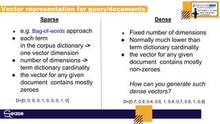 Vector representation for query/documents
Sparse Dense
● e.g. Bag-of-words approach
● each term
in the corpus dictionary ->
one vector dimension
● number of dimensions ->
term dictionary cardinality
● the vector for any given
document contains mostly
zeroes
● Fixed number of dimensions
● Normally much lower than
term dictionary cardinality
● the vector for any given
document contains mostly
non-zeroes
How can you generate such
dense vectors?
D=[0, 0, 0, 0, 1, 0, 0, 0, 1, 0] D=[0.7, 0.9, 0.4, 0.6, 1, 0.4, 0.7, 0.8, 1, 0.9]
 