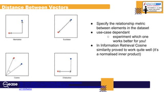 Distance Between Vectors
https://www.pinecone.io/learn/what-is-similarity-search/
https://towardsdatascience.com/importance-of-distance-metrics-in-machine-learning-modelling-
e51395ffe60d
● Specify the relationship metric
between elements in the dataset
● use-case dependant
○ experiment which one
works better for you!
● In Information Retrieval Cosine
similarity proved to work quite well (it’s
a normalised inner product)
https://www.baeldung.com/cs/euclidean-distance-vs-cosine-similarity
 